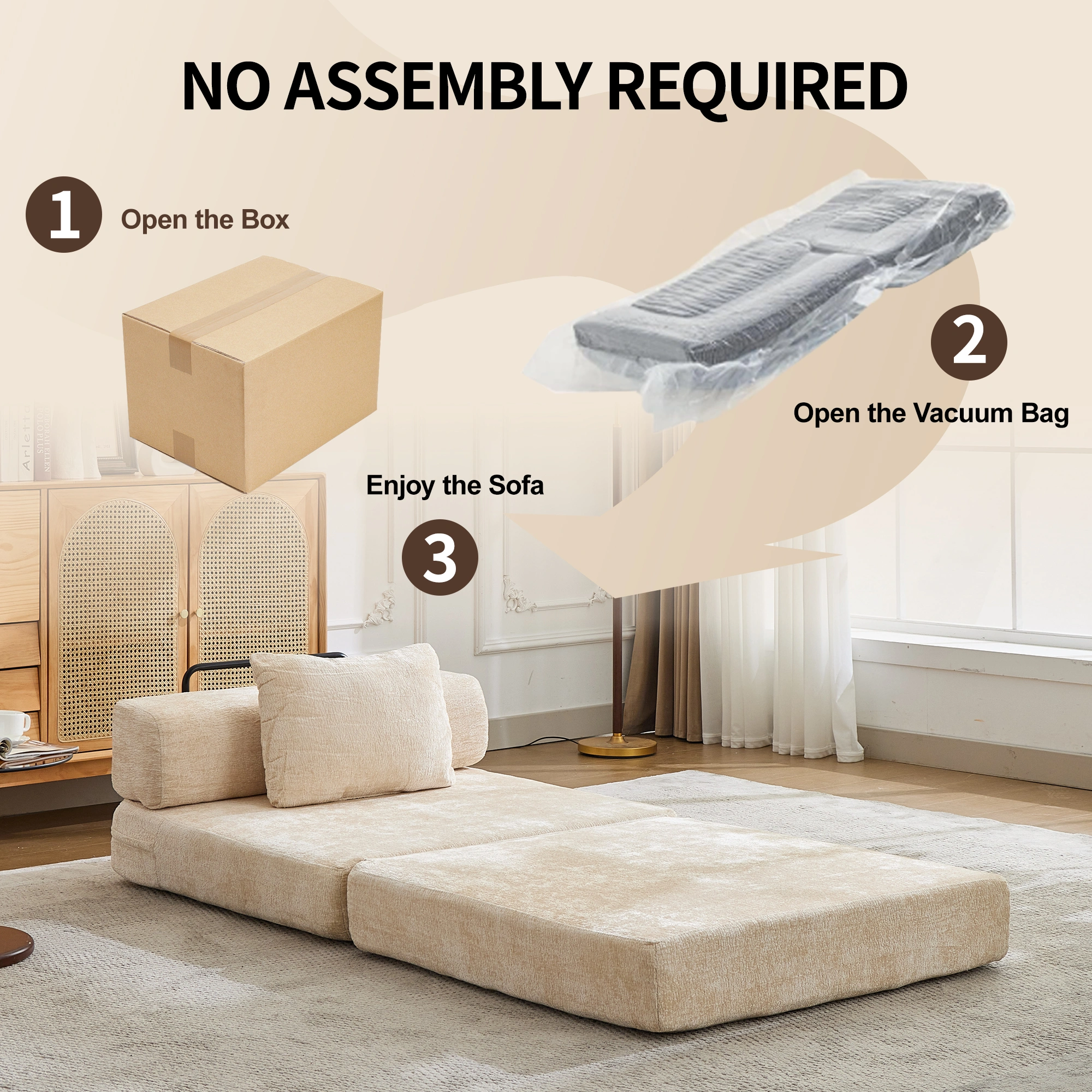 Beige Chenille Floor Sofa Bed, Compression Convertible Single Seater, Boneless Modular Sectional with Fixed Frame, No Assembly, Living Room Bedroom view 7