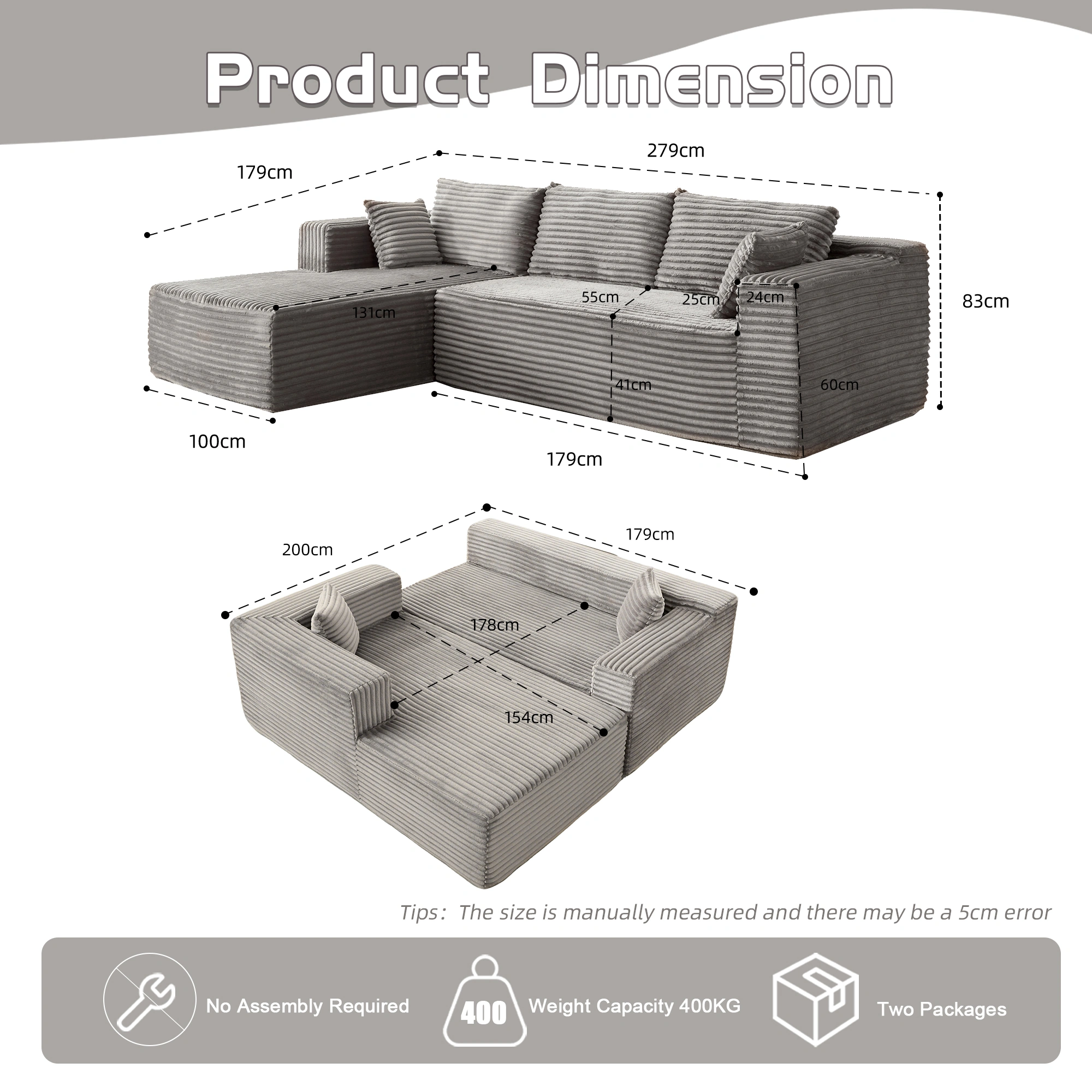 Compression Sectional Couch with Chaise, Boneless L-Shape Sofa Deep Seat Modular Sleeper for Living Room Bedroom view 3