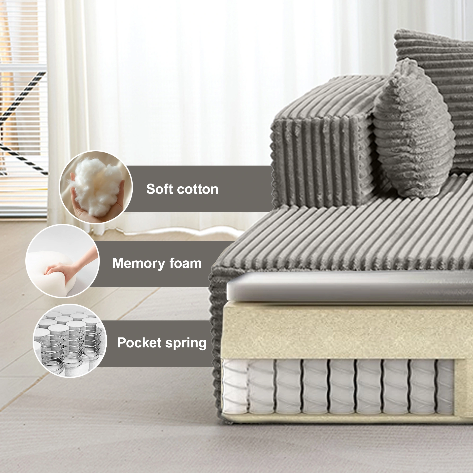 Compression Sectional Couch with Chaise, Boneless L-Shape Sofa Deep Seat Modular Sleeper for Living Room Bedroom view 5