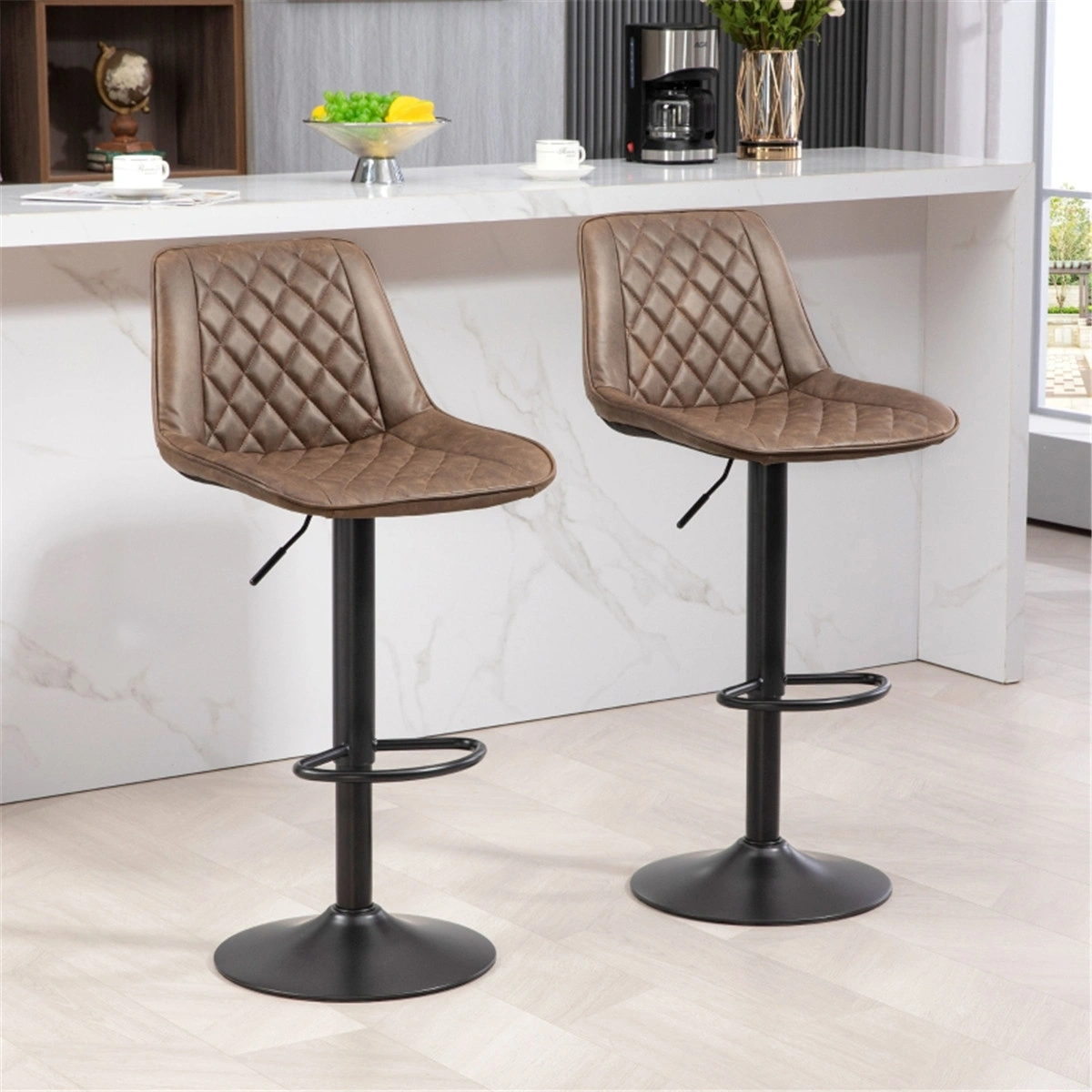 Contemporary Bar Stools Dining Chair Office Chair, Set of 2, 26" Height, Padded Seat, Chrome Base, Ergonomic Back Support, Gray