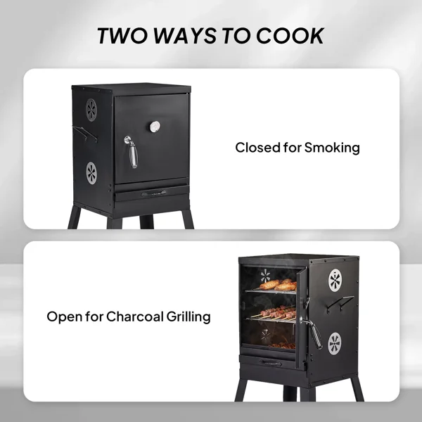 Portable Outdoor Smoker with 2 Detachable Grill Netting Smoking Racks, Charcoal Pan, 4 Air Vents, Thermometer, Vertical Charcoal Smoker for Barbecue Camping Backyard Grill view 2