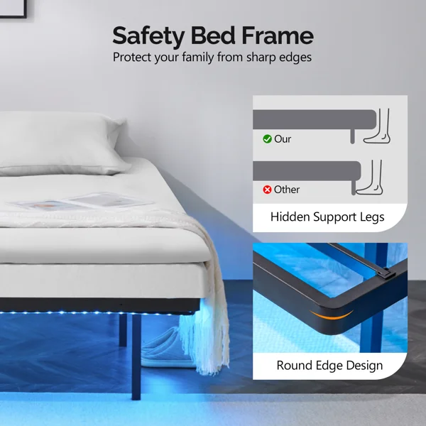 Black Full Size Floating Platform Metal Bed Frame - 14 Inch Height, Built-in LED Strip Light & Power Outlet view 3