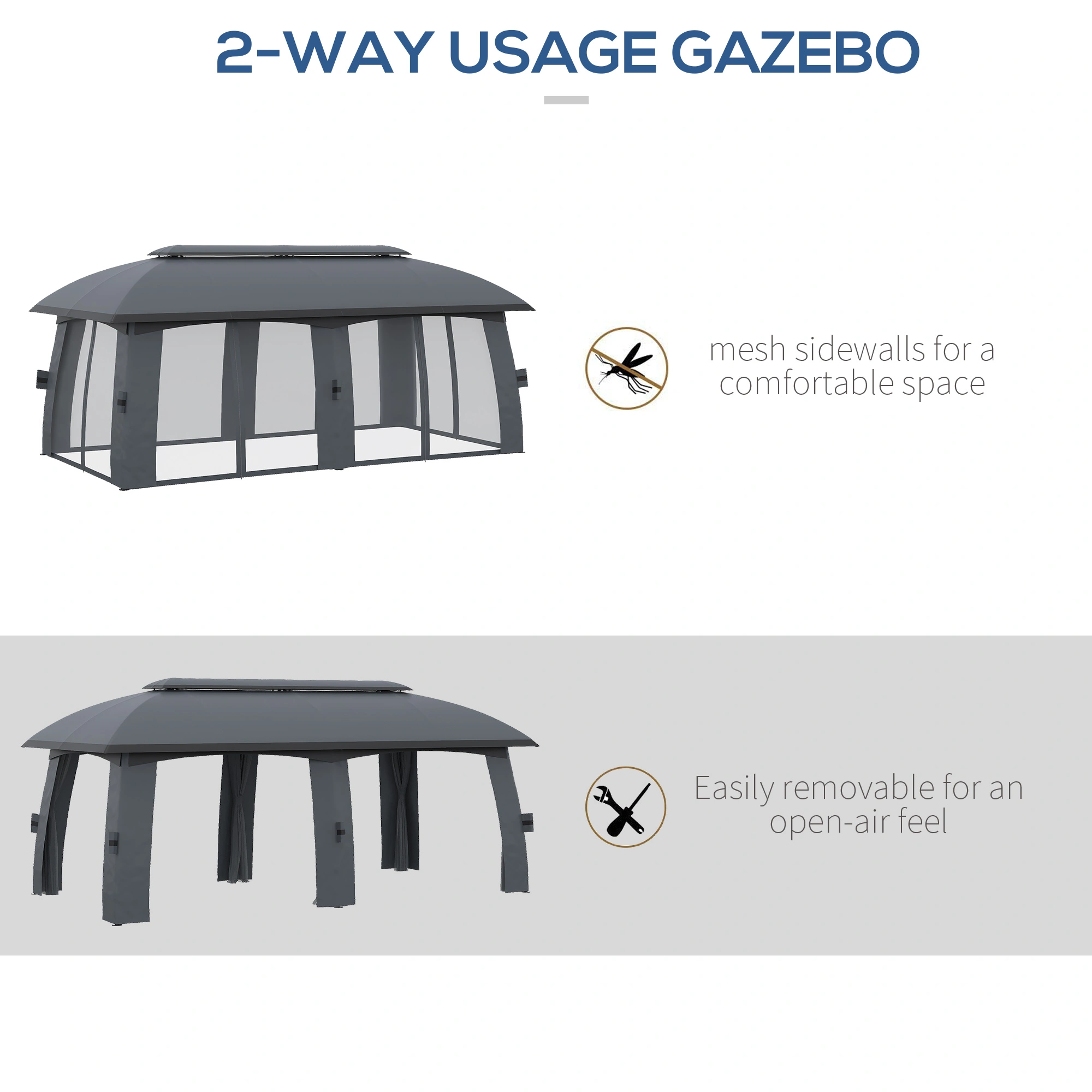 13ft x 13ft Outdoor Gazebo, Hardtop Patio Canopy Tent, Waterproof Garden Shade Cover, Gray view 3