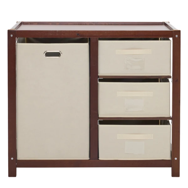 Brown painted pine wood frame children's bed with removable top, 87*53*87.5cm, includes 3 fabric drawers and 1 fabric bag, and a changing table view 2