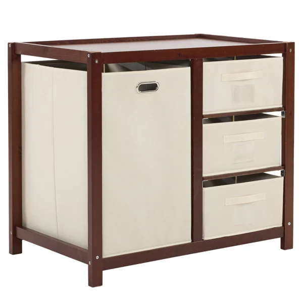 Brown painted pine wood frame children's bed with removable top, 87*53*87.5cm, includes 3 fabric drawers and 1 fabric bag, and a changing table view 3