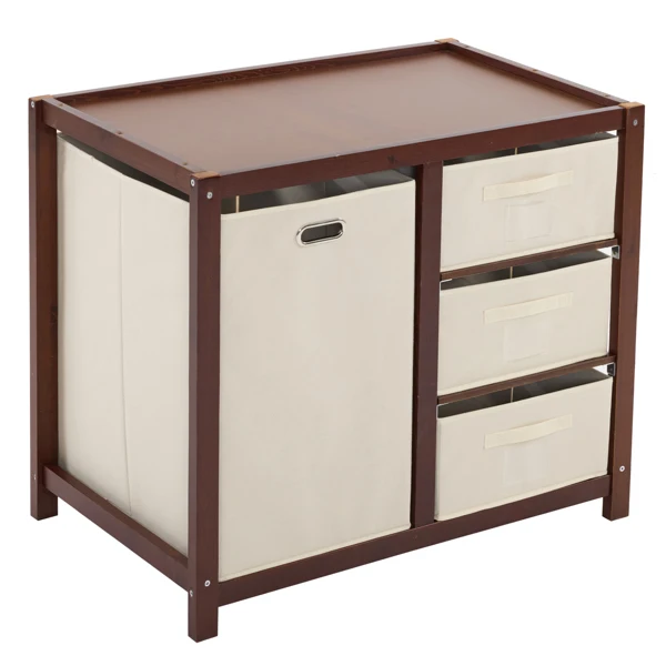 Brown painted pine wood frame children's bed with removable top, 87*53*87.5cm, includes 3 fabric drawers and 1 fabric bag, and a changing table view 4