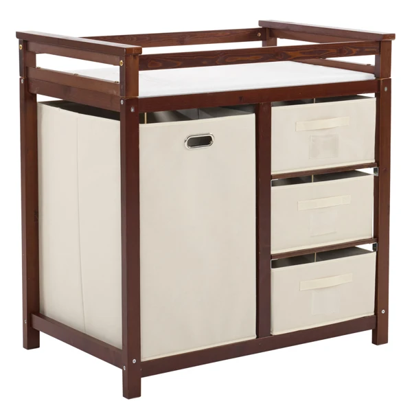 Brown painted pine wood frame children's bed with removable top, 87*53*87.5cm, includes 3 fabric drawers and 1 fabric bag, and a changing table view 5