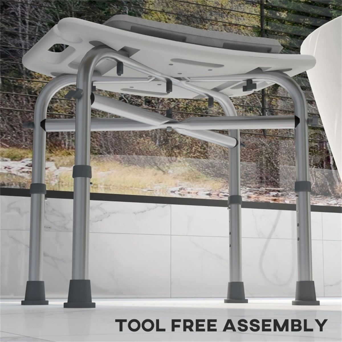 Shower Chair, 400 lb Bath Chair, Foldable Aluminum Bathtub Seat with Padded Arms, Non-Slip Rubber Feet, High Back Support for Bathroom Safety view 2
