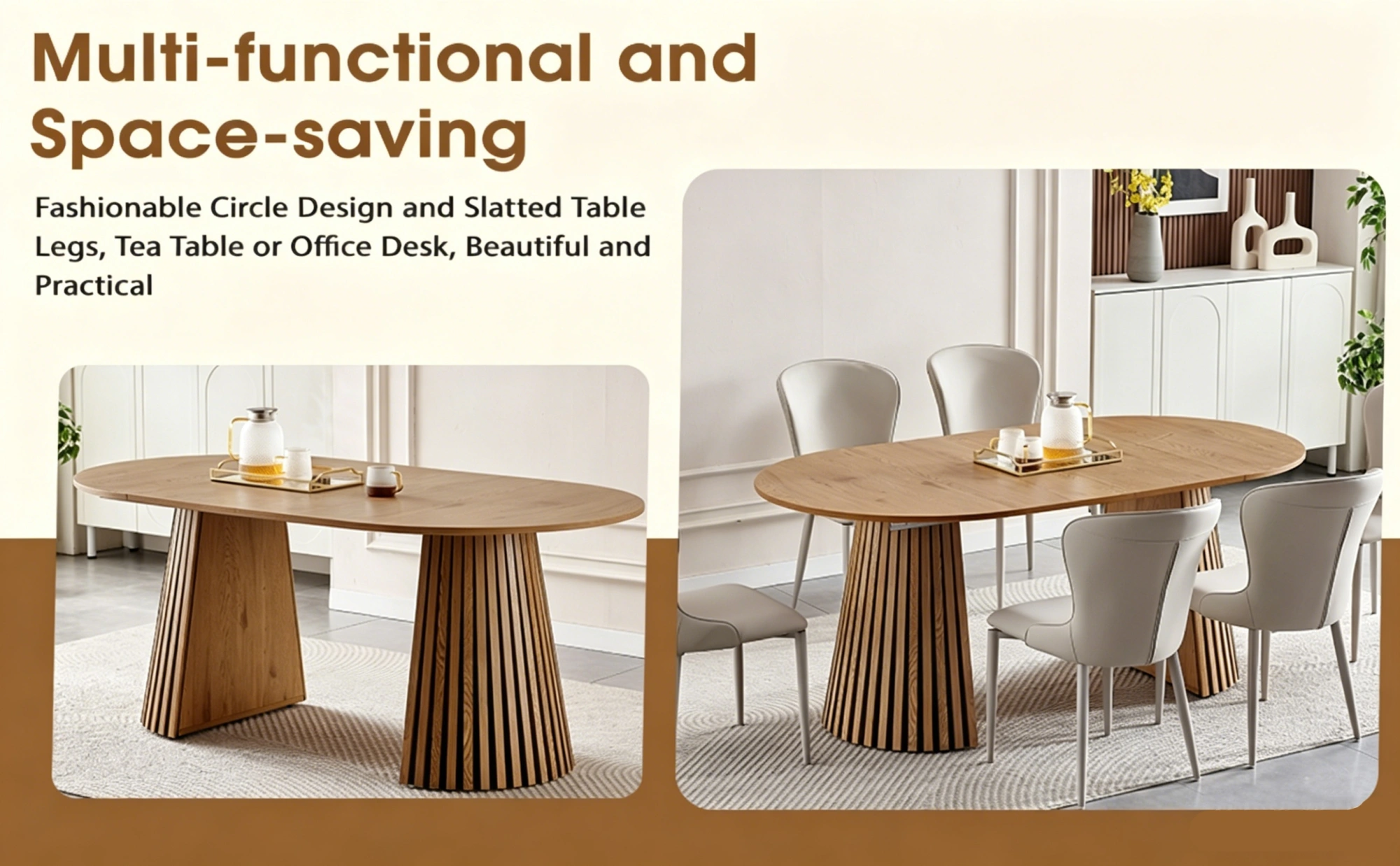 Wooden Dining Table Extendable Oval, Space Saving Multi-functional Coffee/Desk Table with Slatted Legs view 11
