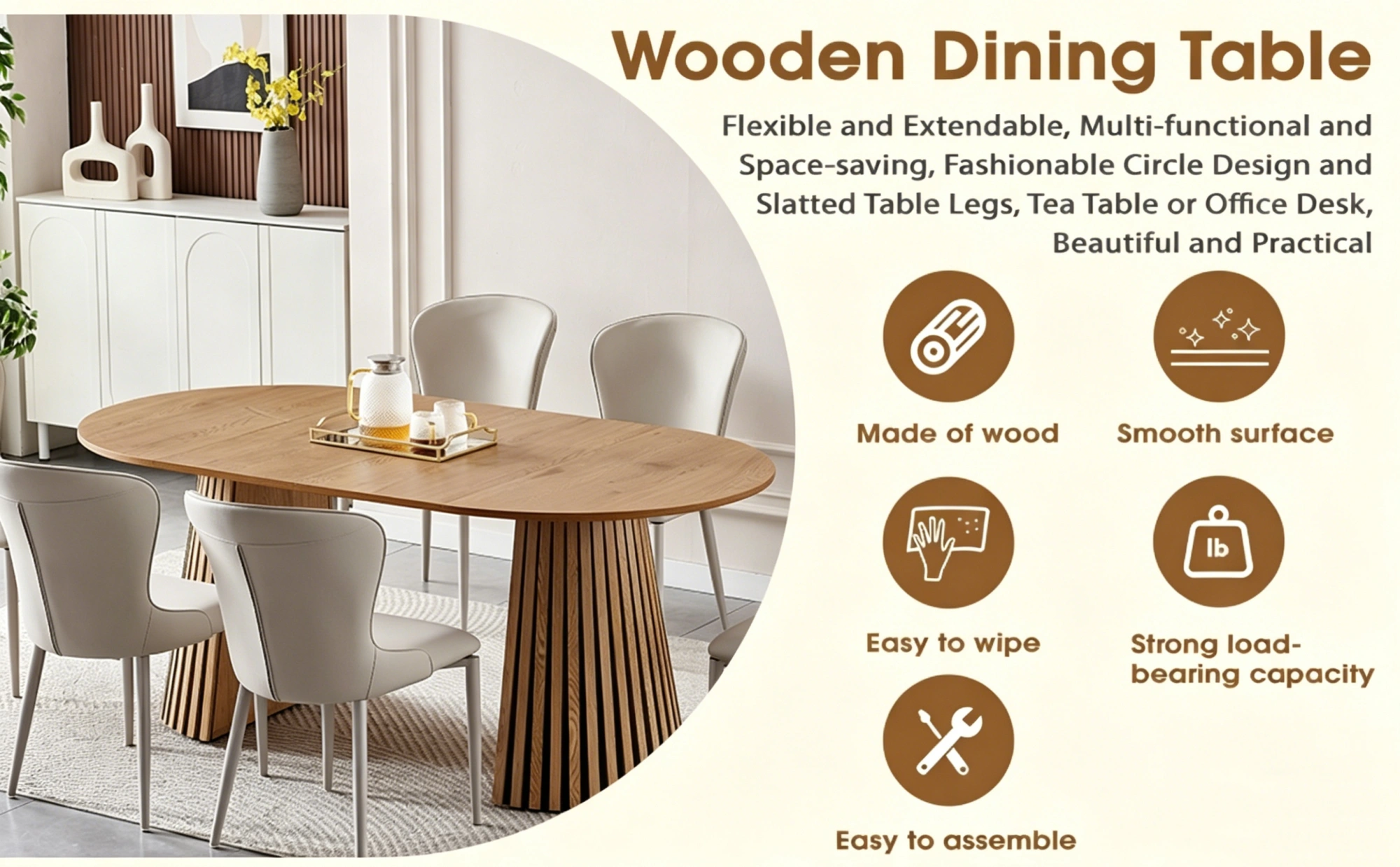 Wooden Dining Table Extendable Oval, Space Saving Multi-functional Coffee/Desk Table with Slatted Legs view 13