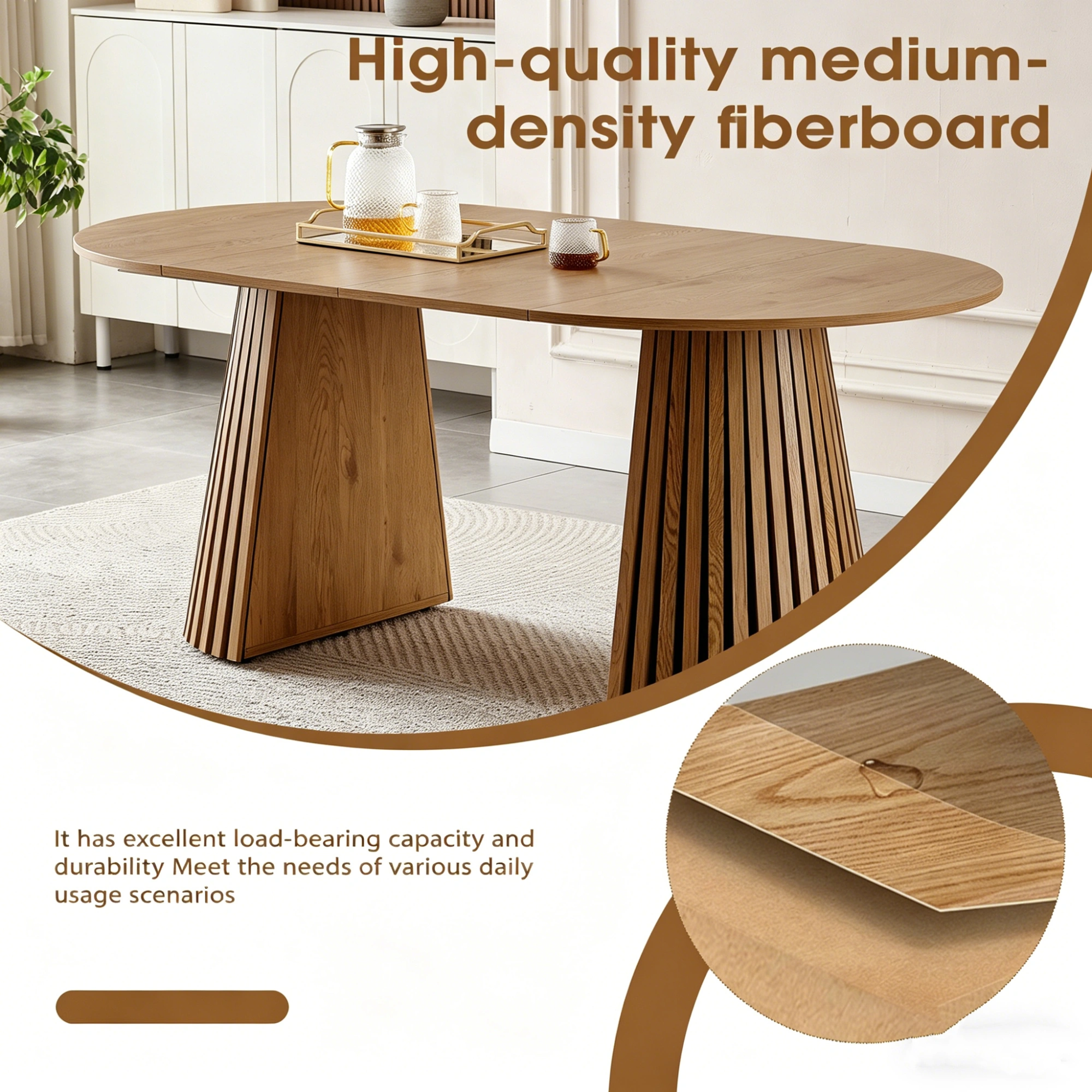 Wooden Dining Table Extendable Oval, Space Saving Multi-functional Coffee/Desk Table with Slatted Legs view 3