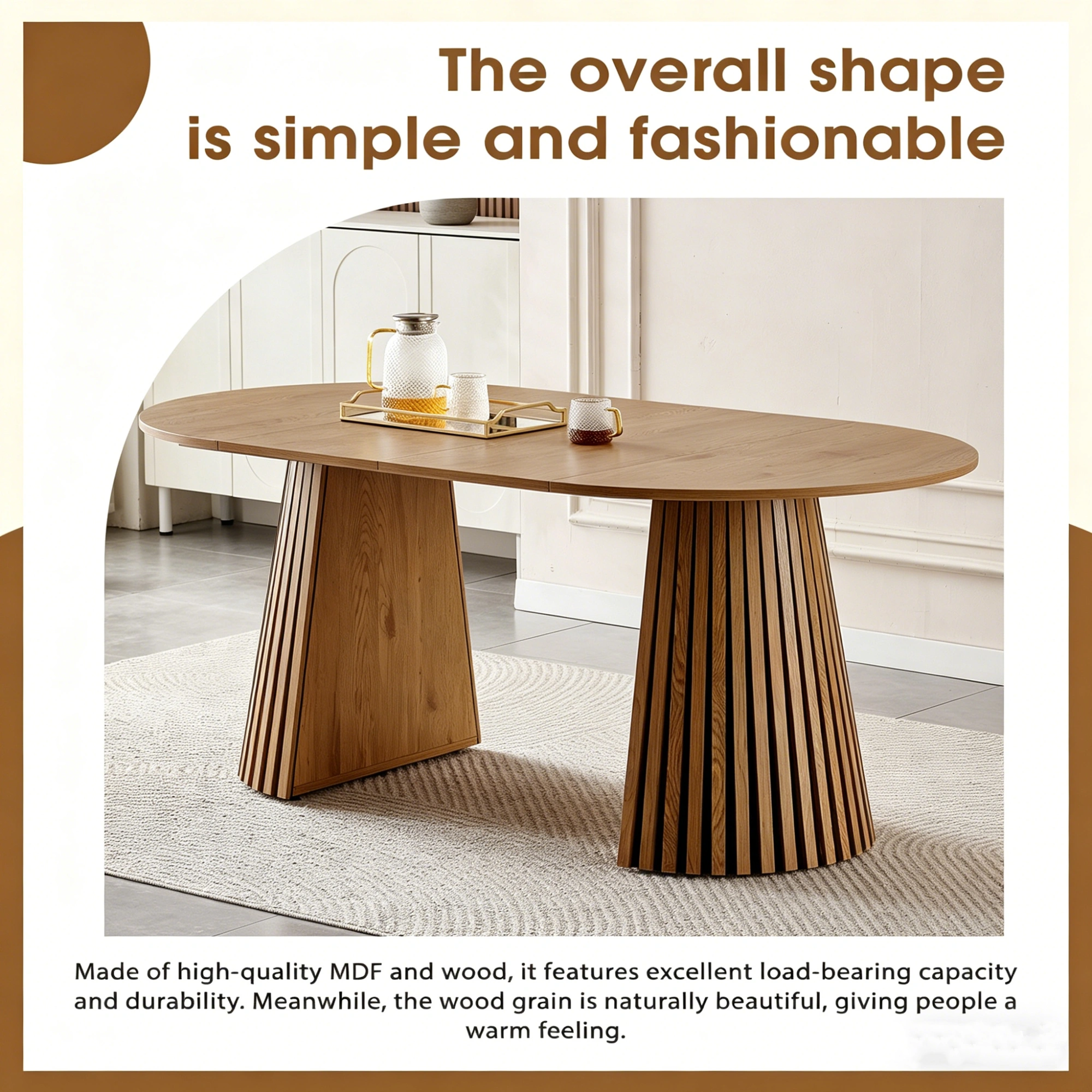 Wooden Dining Table Extendable Oval, Space Saving Multi-functional Coffee/Desk Table with Slatted Legs view 4