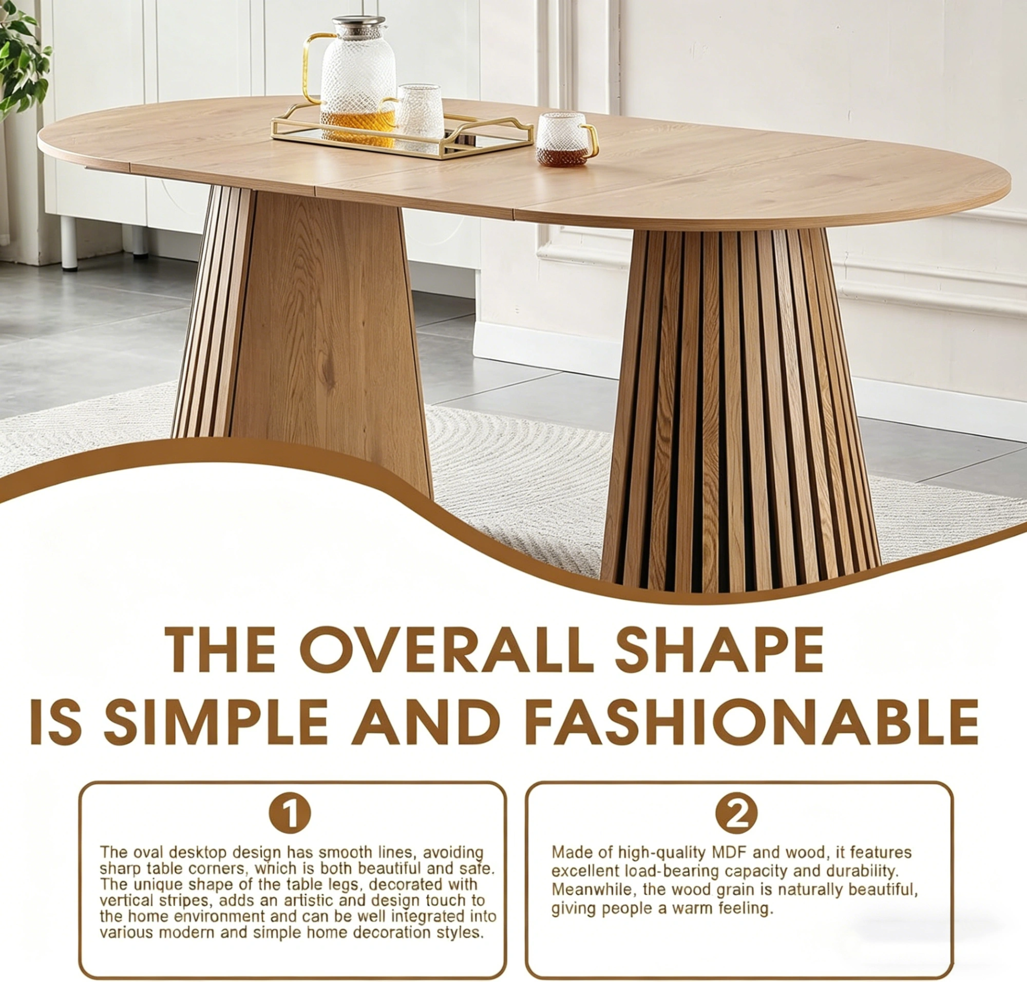 Wooden Dining Table Extendable Oval, Space Saving Multi-functional Coffee/Desk Table with Slatted Legs view 8