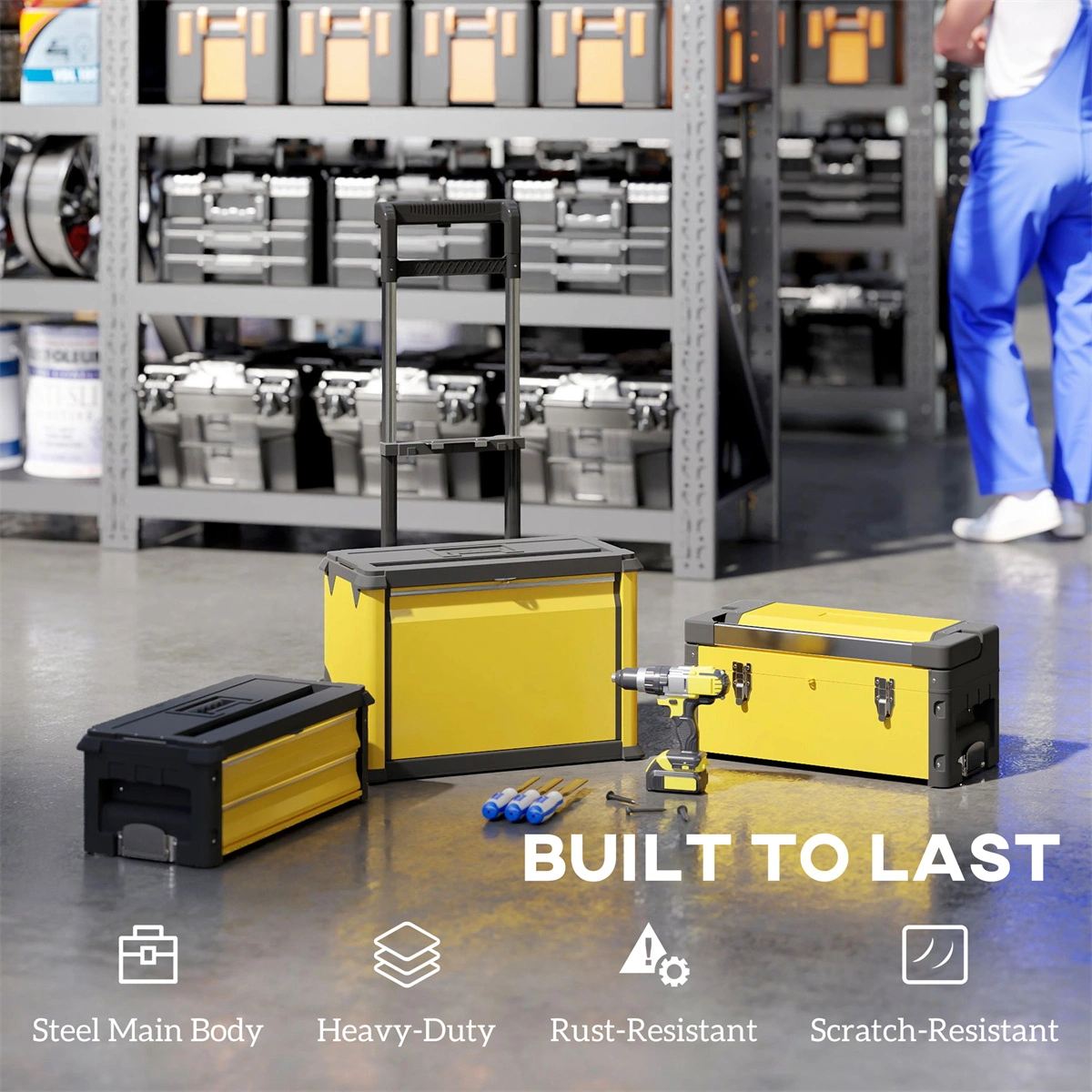 Heavy Duty Metal Tool Box with Locking Lid, Large Storage Organizer Chest for Garage, Workshop & Outdoor Use view 2