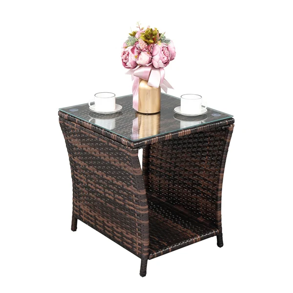 Glass Surface Brown Gradient Iron Frame Rattan Side Table view 2