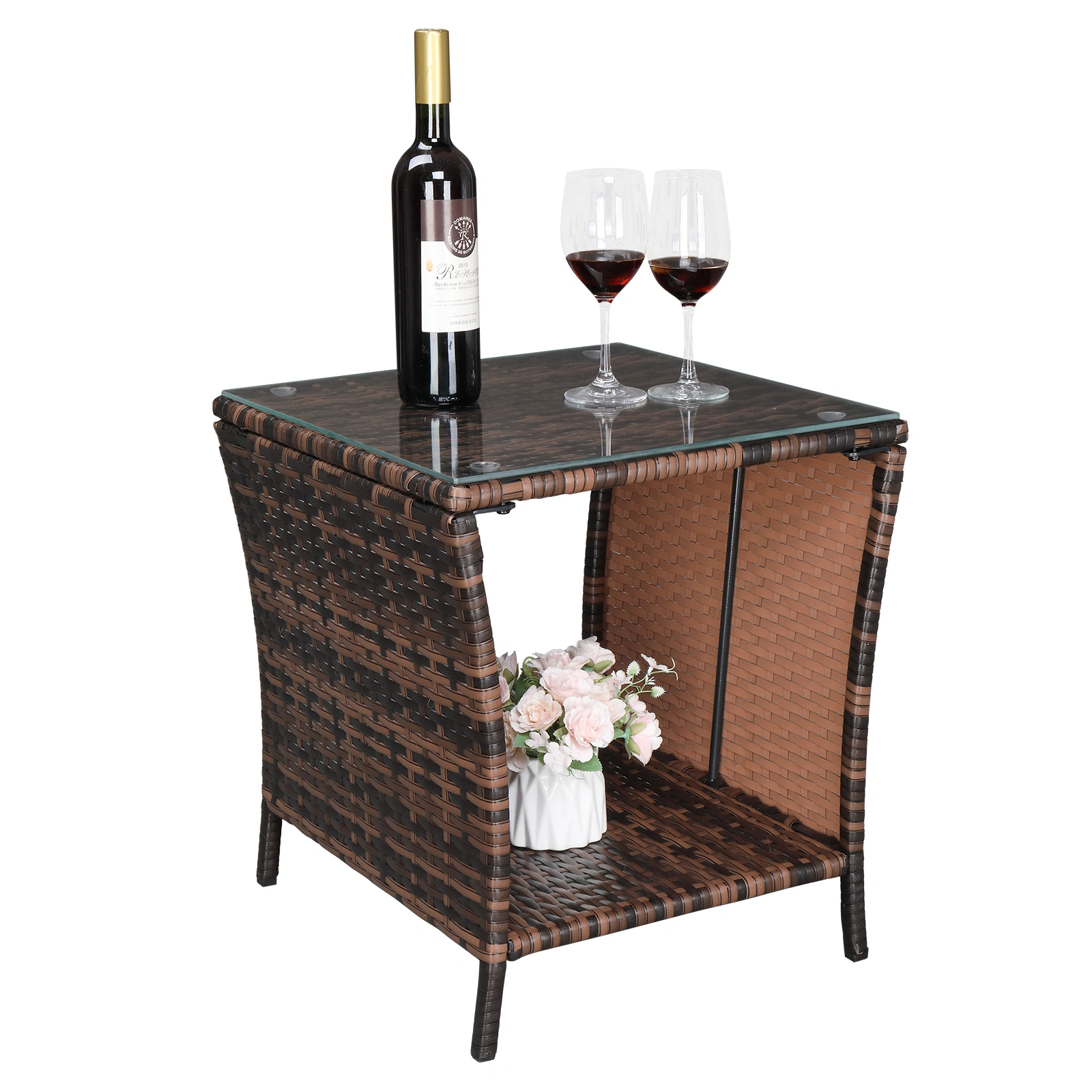 Glass Surface Brown Gradient Iron Frame Rattan Side Table view 30