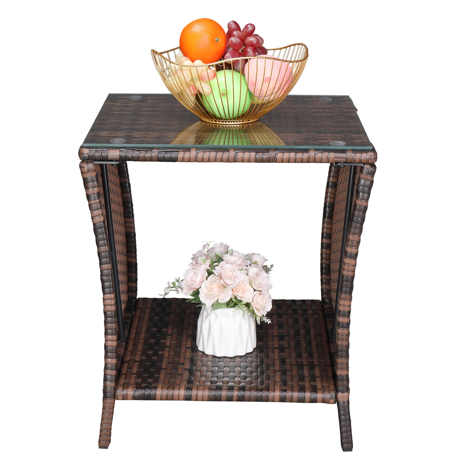 Glass Surface Brown Gradient Iron Frame Rattan Side Table view 31