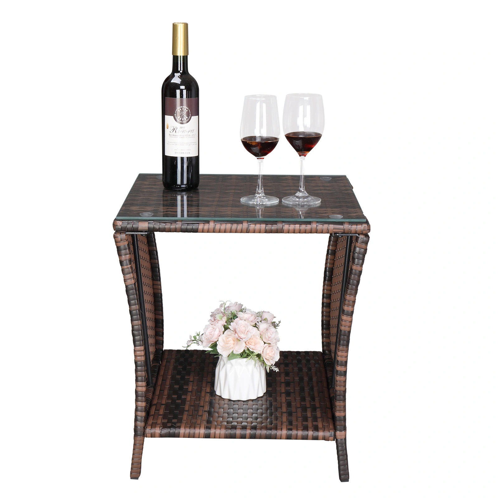 Glass Surface Brown Gradient Iron Frame Rattan Side Table view 32