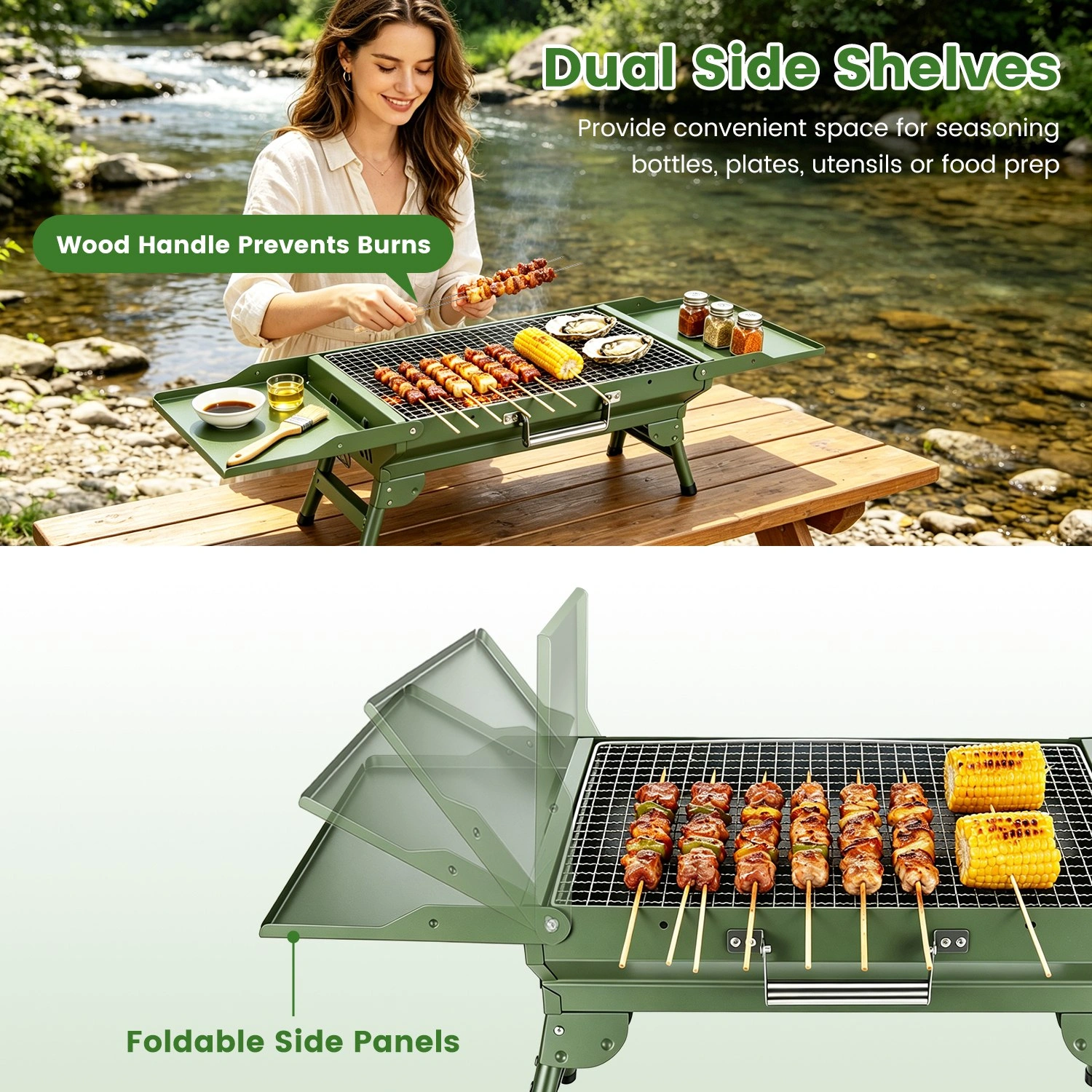 Portable Folding Charcoal BBQ Grill with Dual Side Shelves, 12 Air Vents, Includes Skewers Gloves & Grill Tools for Outdoor Camping view 2