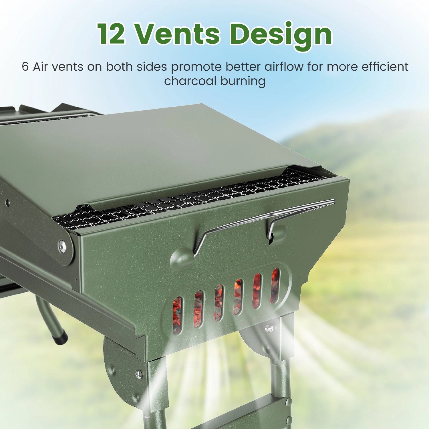 Portable Folding Charcoal BBQ Grill with Dual Side Shelves, 12 Air Vents, Includes Skewers Gloves & Grill Tools for Outdoor Camping view 6