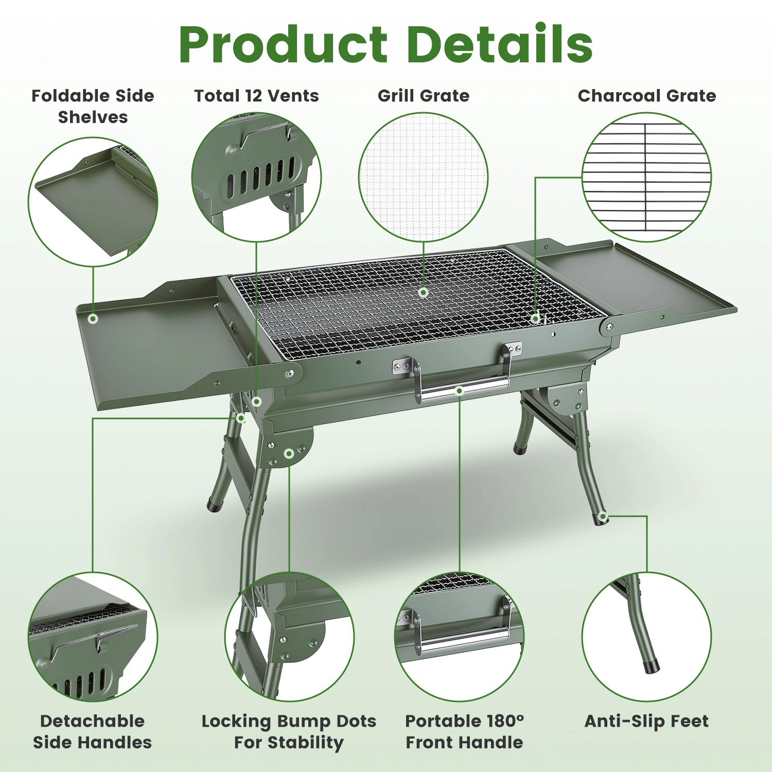 Portable Folding Charcoal BBQ Grill with Dual Side Shelves, 12 Air Vents, Includes Skewers Gloves & Grill Tools for Outdoor Camping view 7