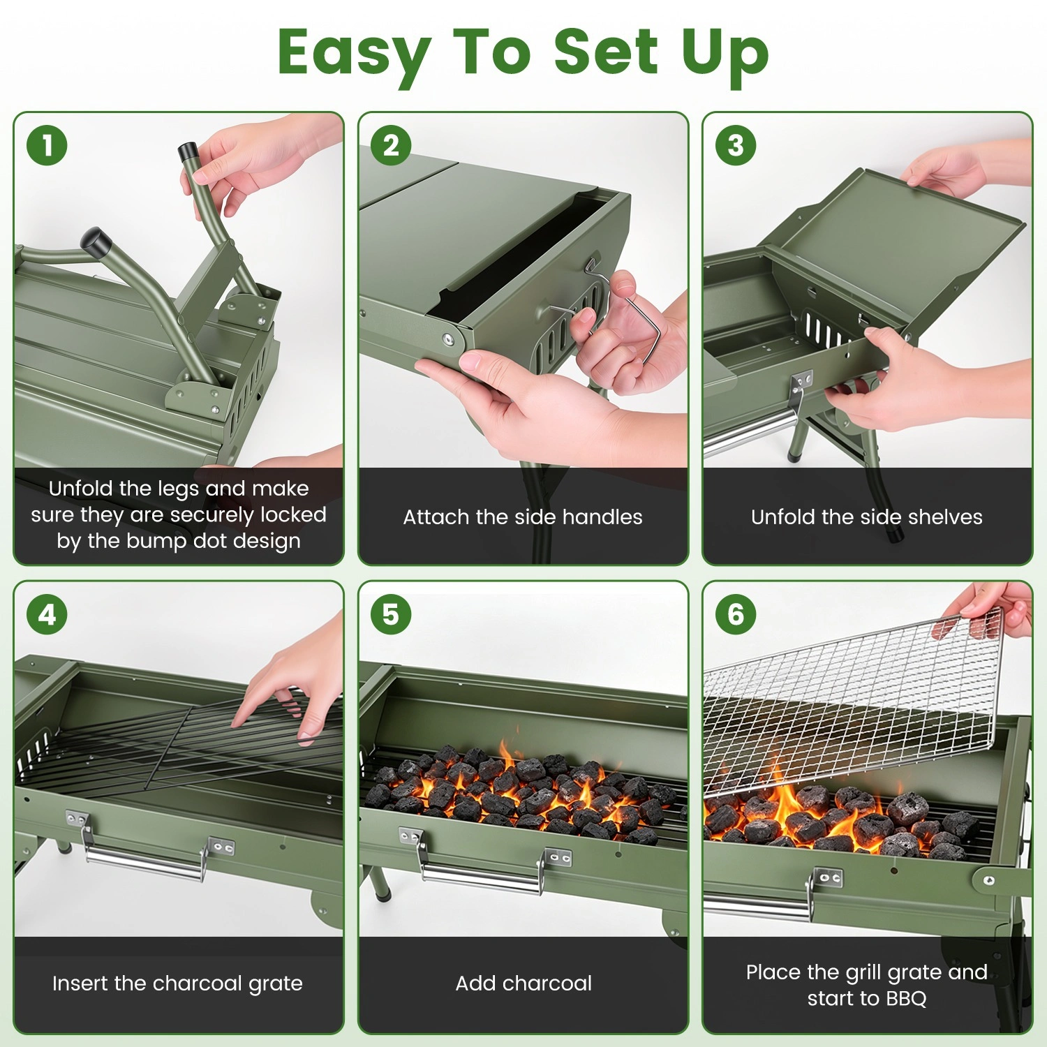 Portable Folding Charcoal BBQ Grill with Dual Side Shelves, 12 Air Vents, Includes Skewers Gloves & Grill Tools for Outdoor Camping view 8