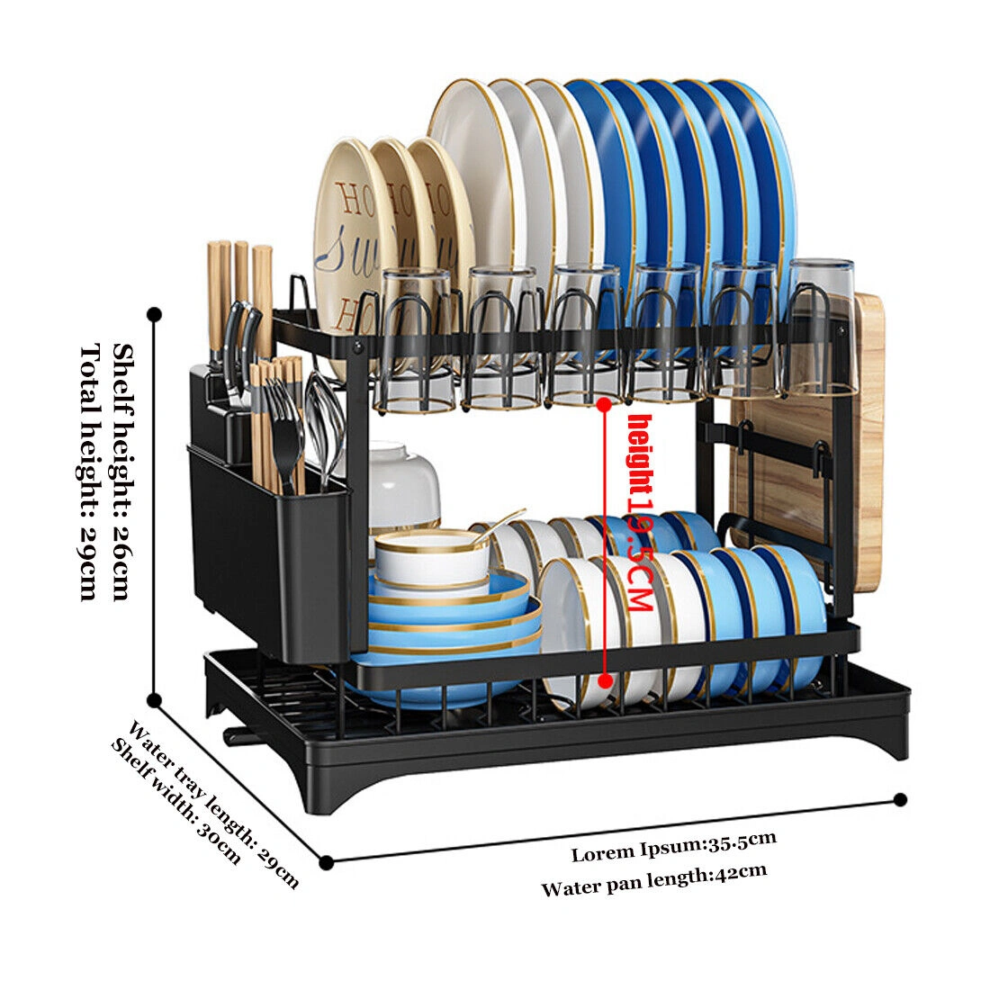 2-Tier Kitchen Sink Dish Drainer Rack - Drip Tray, Cutlery Holder & Plate Rack, UK view 3