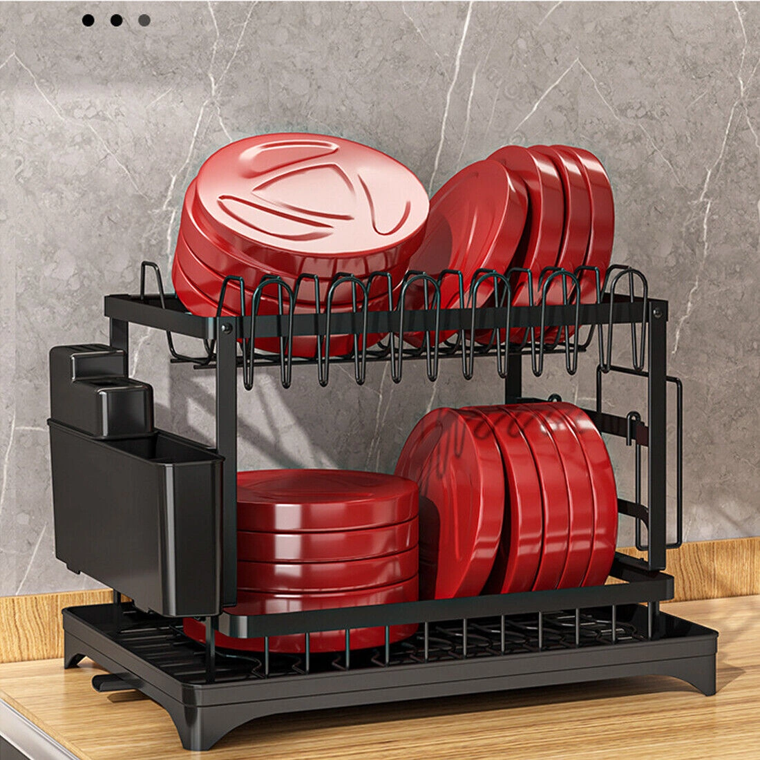 2-Tier Kitchen Sink Dish Drainer Rack - Drip Tray, Cutlery Holder & Plate Rack, UK view 4