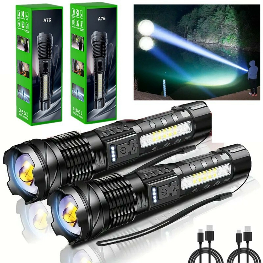 2 Pack USB Rechargeable LED Flashlight Adjustable Focus Camping Hiking Outdoor Work Light