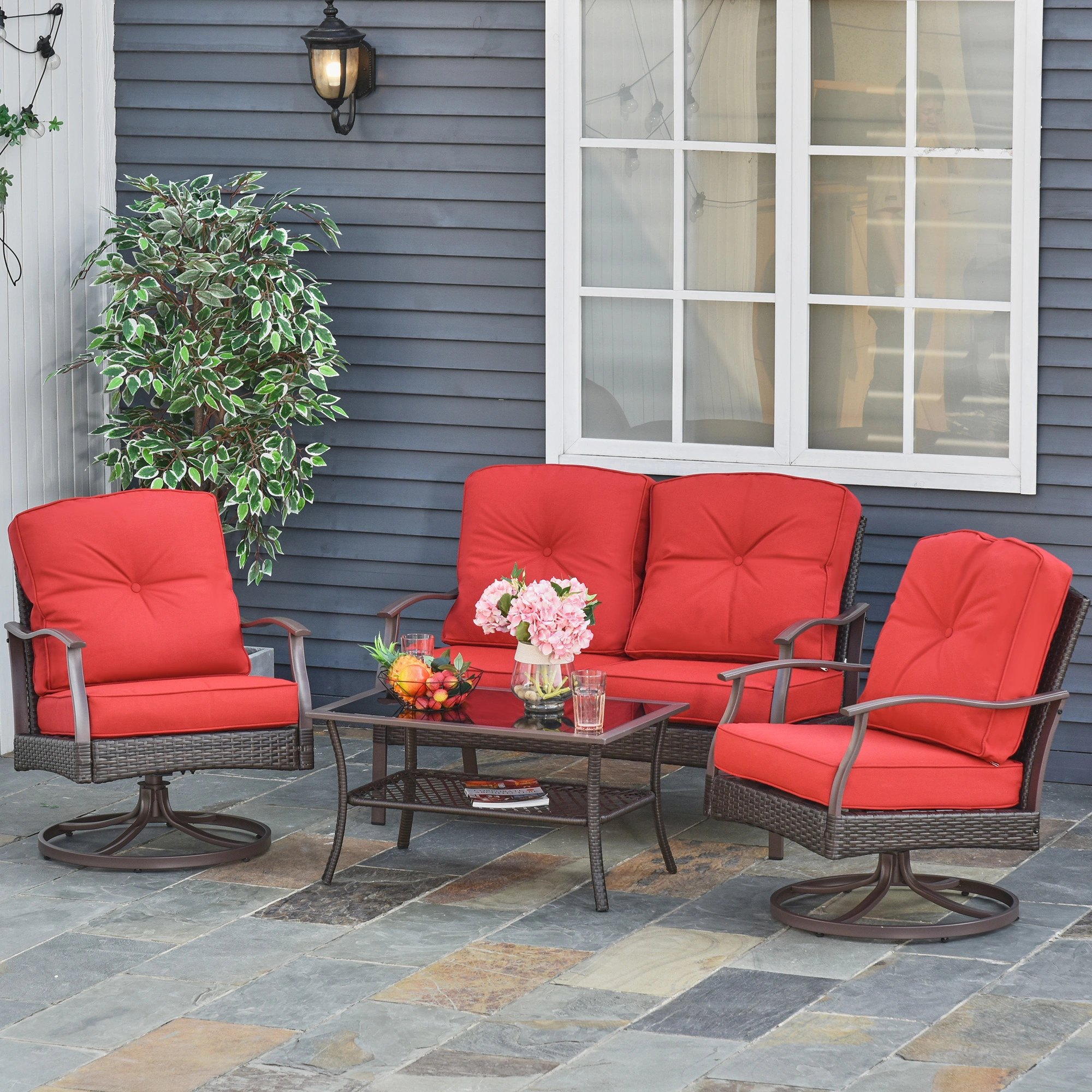 Modern Outdoor Patio Furniture Set - 4 Piece Garden Sectional Sofa with Weather Resistant Cushions