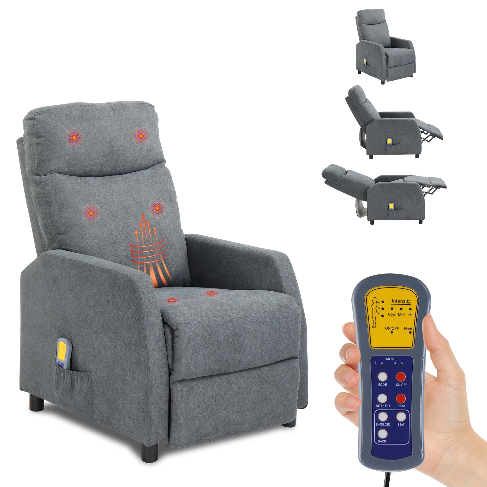 Light Gray Fabric Recliner Chair with 6-Point Massage & Heating Function, Upholstered Rocker Reclining
