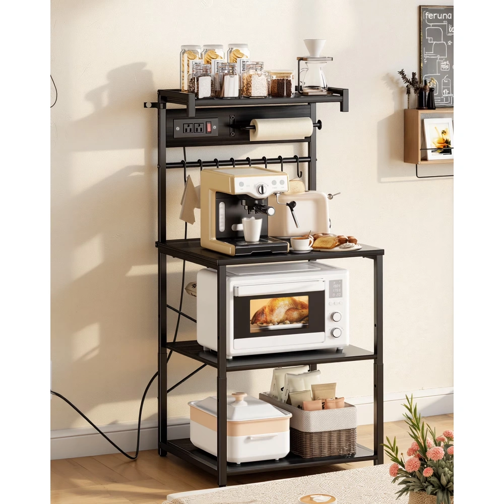 Kitchen Bakers Rack with Power Outlet, 4.6ft Cable, 23.6" Wide with Sturdy X-Shaped Support, 8 Hooks, and Storage for Dishes, Spices, and Coffee Essentials