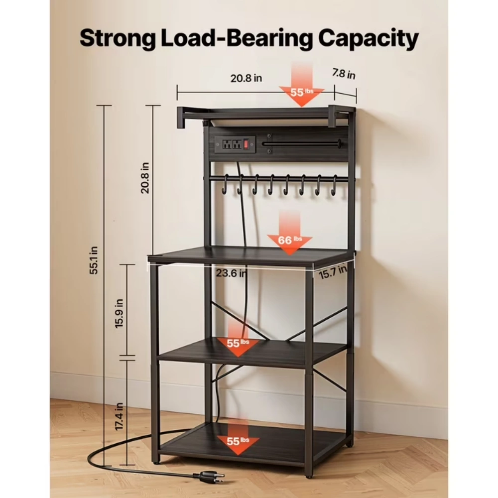 Kitchen Bakers Rack with Power Outlet, 4.6ft Cable, 23.6" Wide with Sturdy X-Shaped Support, 8 Hooks, and Storage for Dishes, Spices, and Coffee Essentials view 3