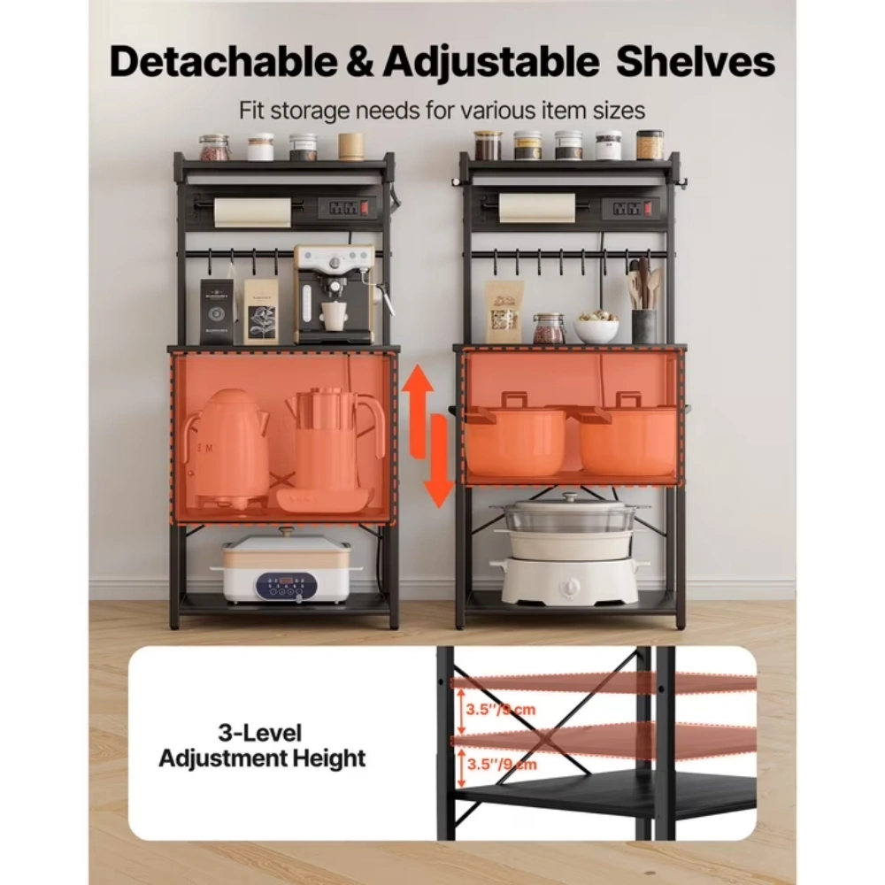 Kitchen Bakers Rack with Power Outlet, 4.6ft Cable, 23.6" Wide with Sturdy X-Shaped Support, 8 Hooks, and Storage for Dishes, Spices, and Coffee Essentials view 4