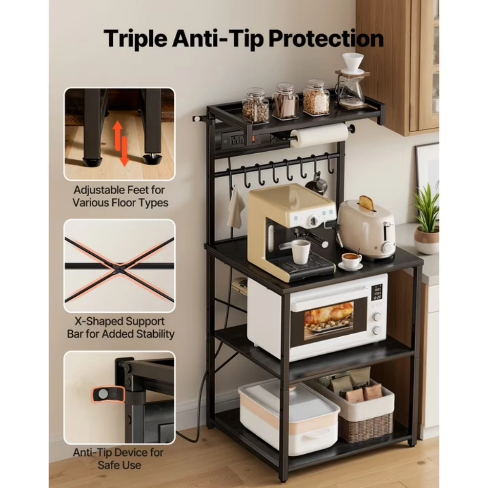 Kitchen Bakers Rack with Power Outlet, 4.6ft Cable, 23.6" Wide with Sturdy X-Shaped Support, 8 Hooks, and Storage for Dishes, Spices, and Coffee Essentials view 6