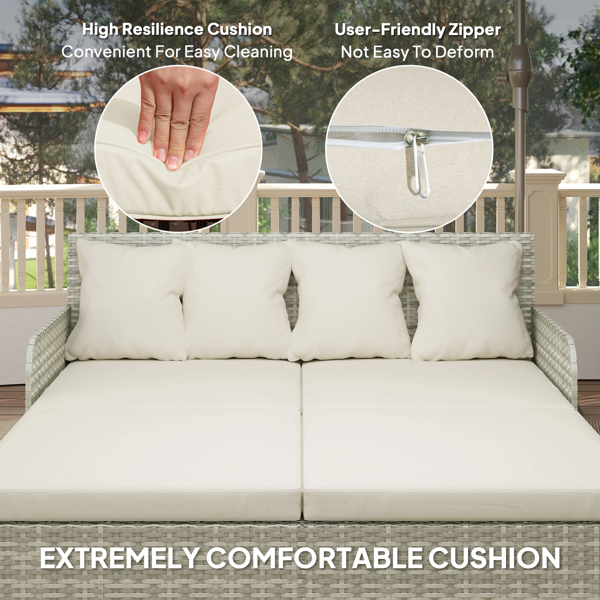Outdoor Rattan Daybed Wicker Chaise Lounge Pool Side Furniture with Cushion view 3