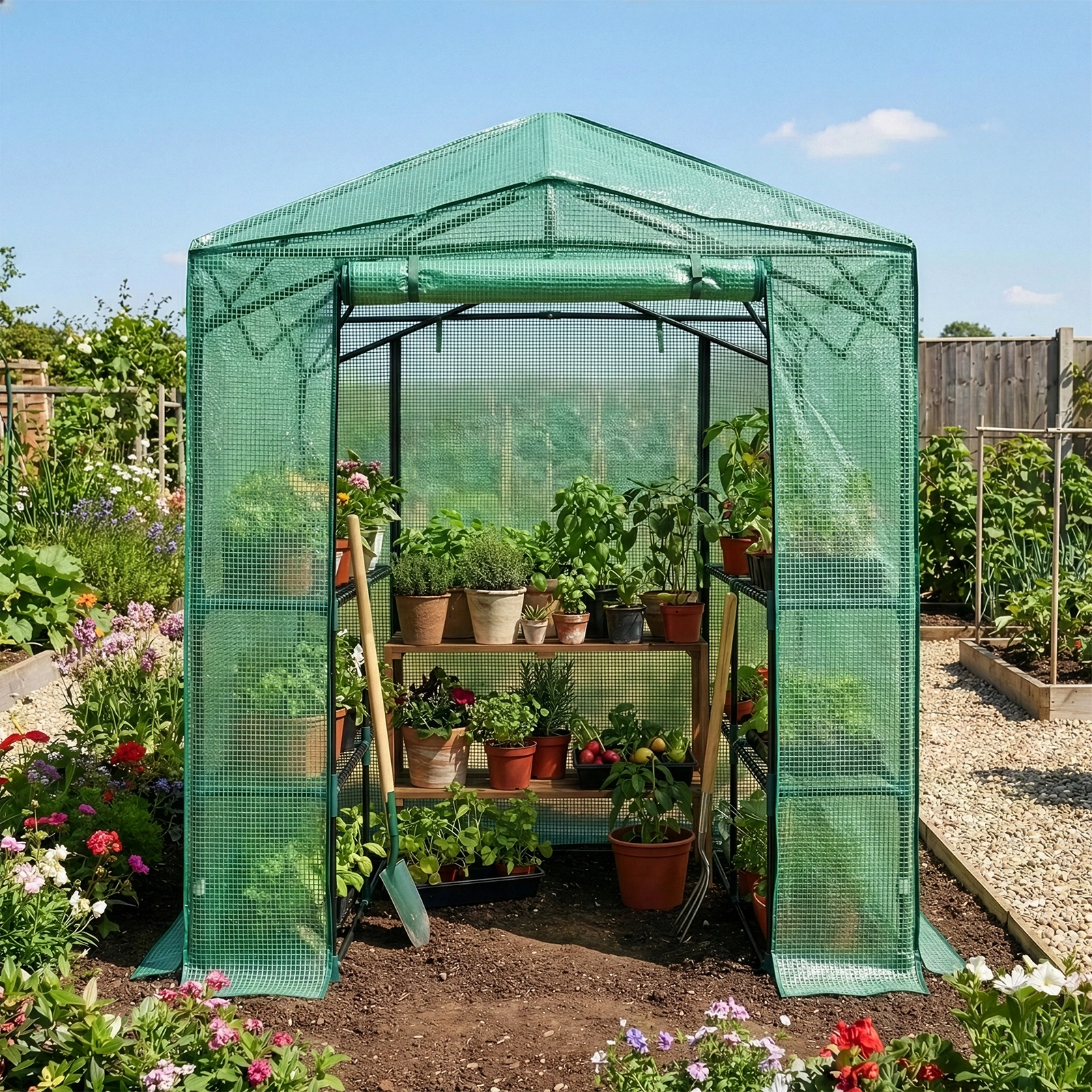 8x6ft Foldable Greenhouse Walk-in Greenhouse with Steel Frame, PE Mesh Cover, Green view 7