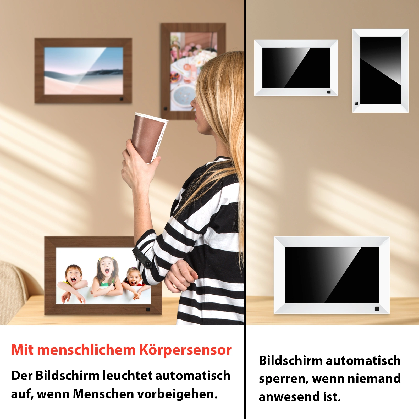 1" Digital Photo Frame & 6" Wooden Frame with Body Sensor, 32GB Electronic Picture Frame with Photo/Video Sharing view 2