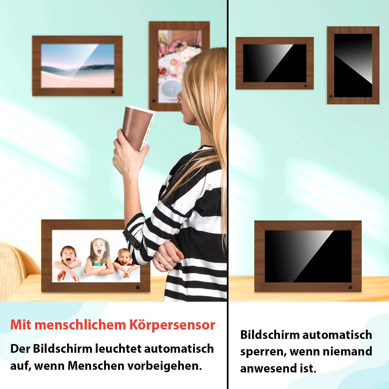 1" Digital Photo Frame & 6" Wooden Frame with Body Sensor, 32GB Electronic Picture Frame with Photo/Video Sharing view 3