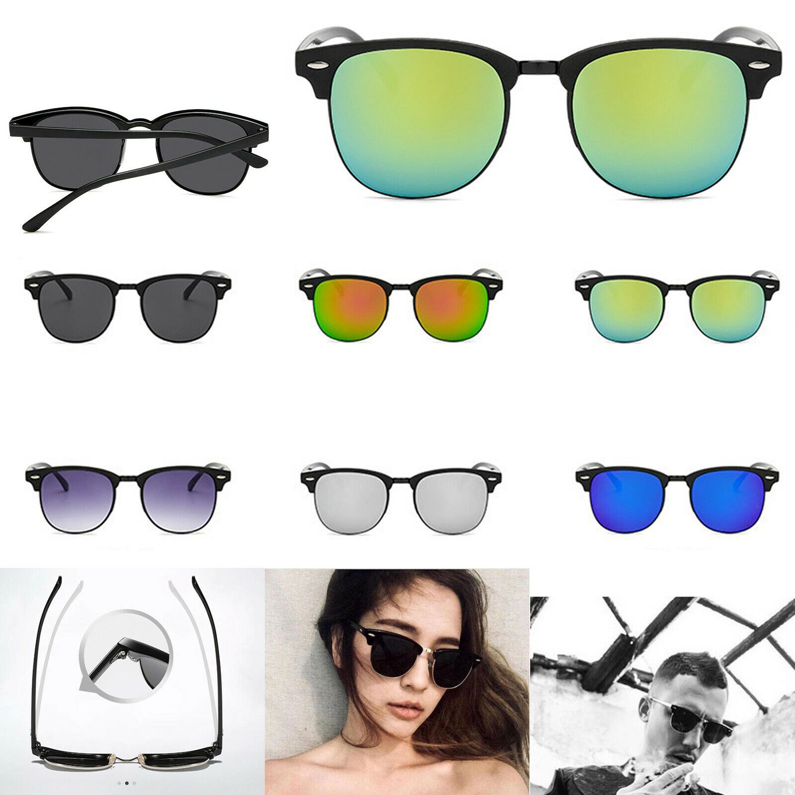 Men's Black Horn Rim Half Frame Polarised Sunglasses UV400 Driving Fishing Eyewear
