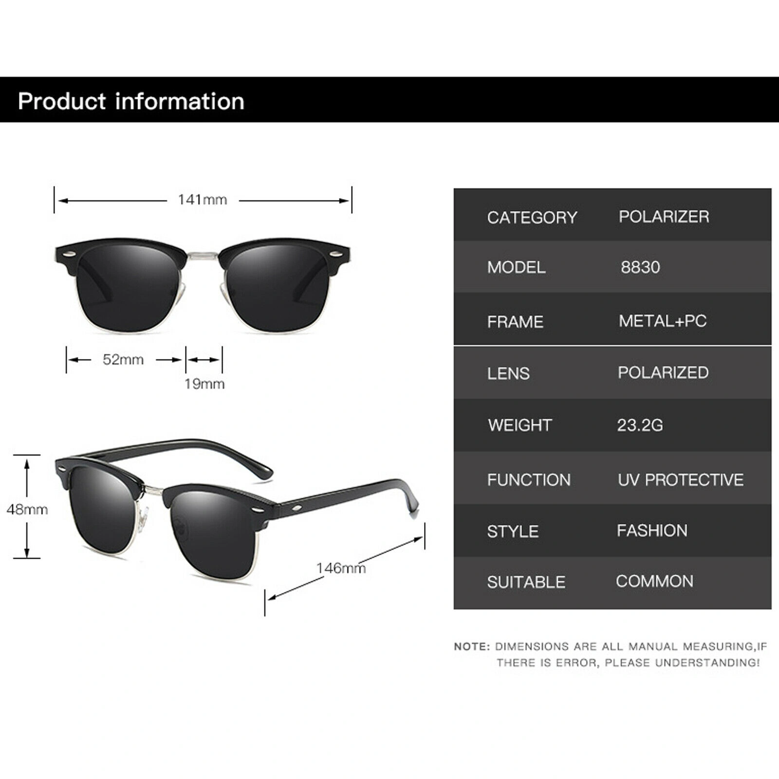 Men's Black Horn Rim Half Frame Polarised Sunglasses UV400 Driving Fishing Eyewear view 3