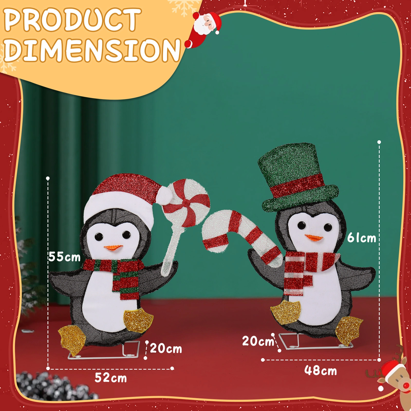 Set of 2 Lighted Penguin and Candy Cane Christmas Decorations, Pre-lit 2D Holiday Display with 80 Warm White LED Lights for Indoor Outdoor view 2