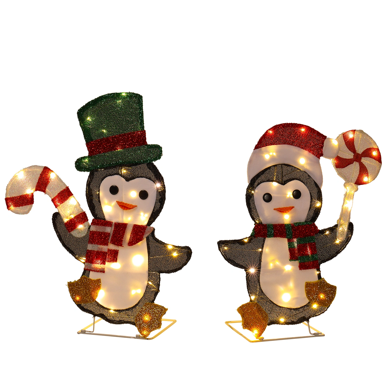 Set of 2 Lighted Penguin and Candy Cane Christmas Decorations, Pre-lit 2D Holiday Display with 80 Warm White LED Lights for Indoor Outdoor view 3