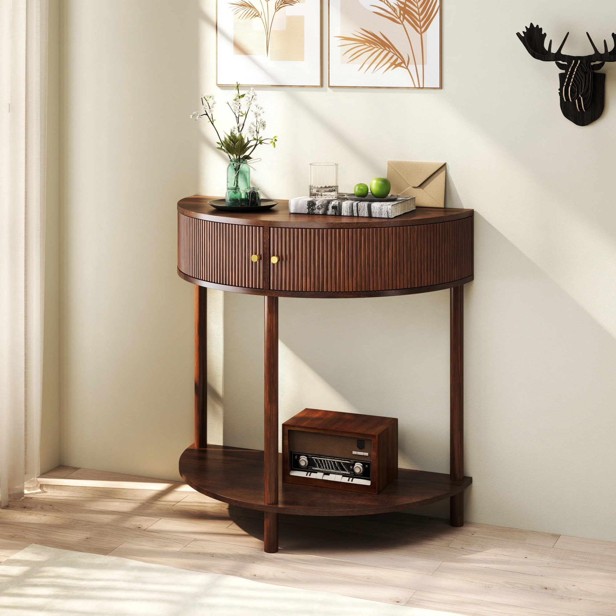 Demi Lune Console Table, Wave Pattern Half Moon End Table with 2 Drawers & Bottom Shelf, Brown Woodgrain Entryway Table for Living Room Bedroom Hallway view 11