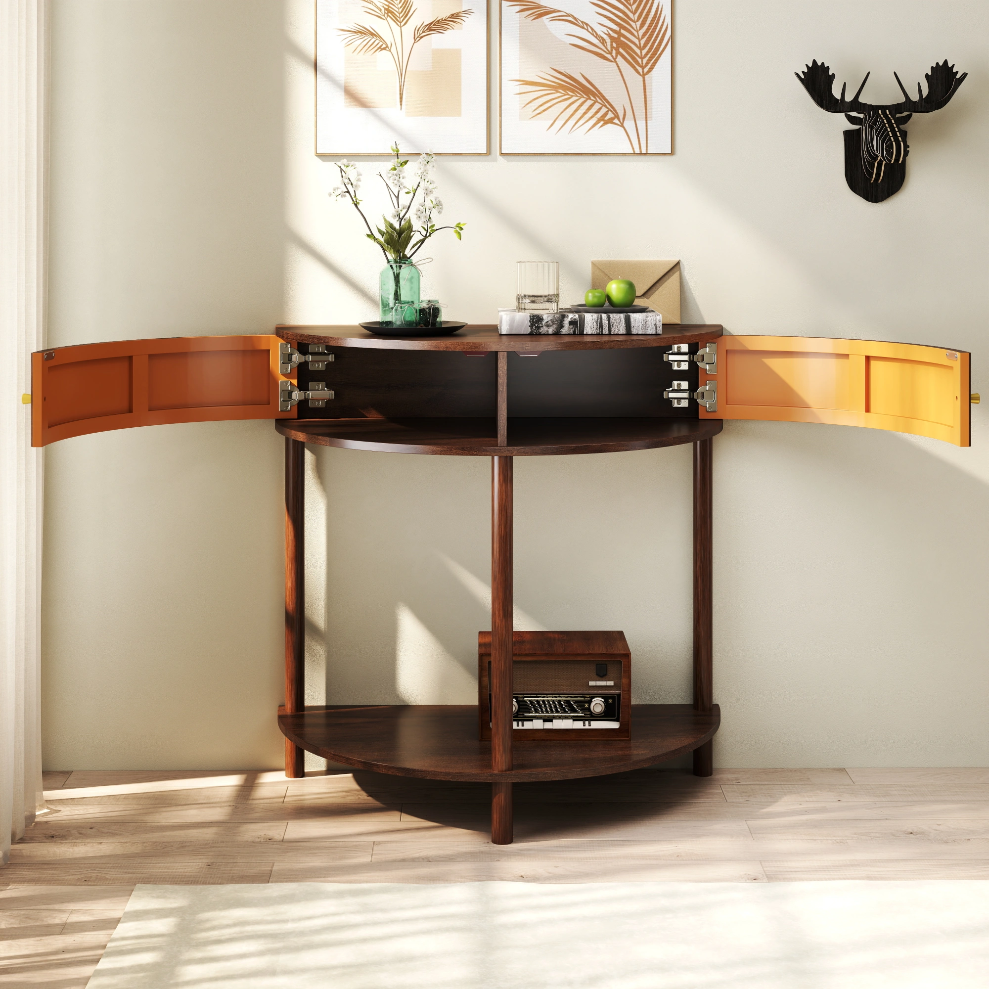 Demi Lune Console Table, Wave Pattern Half Moon End Table with 2 Drawers & Bottom Shelf, Brown Woodgrain Entryway Table for Living Room Bedroom Hallway view 13