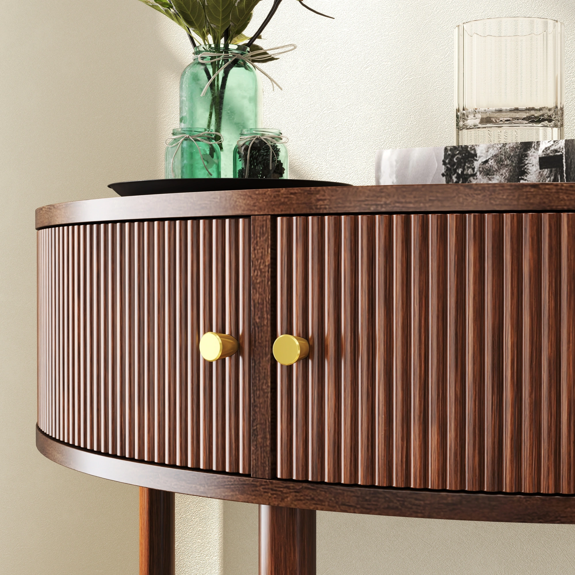 Demi Lune Console Table, Wave Pattern Half Moon End Table with 2 Drawers & Bottom Shelf, Brown Woodgrain Entryway Table for Living Room Bedroom Hallway view 15