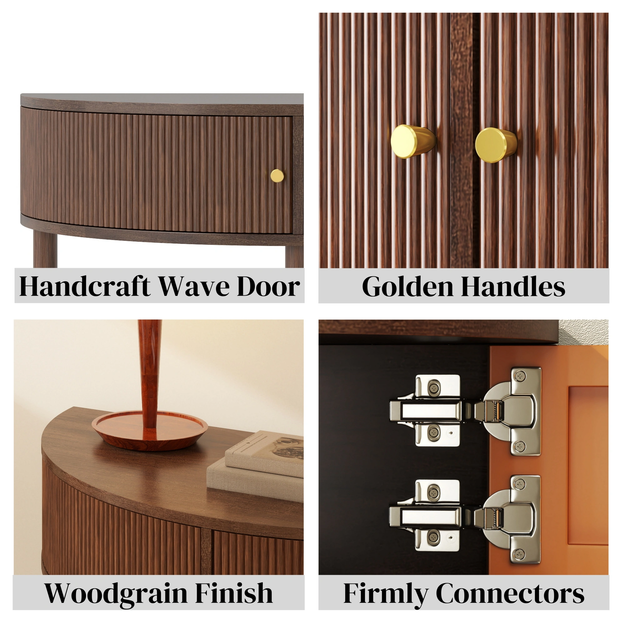 Demi Lune Console Table, Wave Pattern Half Moon End Table with 2 Drawers & Bottom Shelf, Brown Woodgrain Entryway Table for Living Room Bedroom Hallway view 4