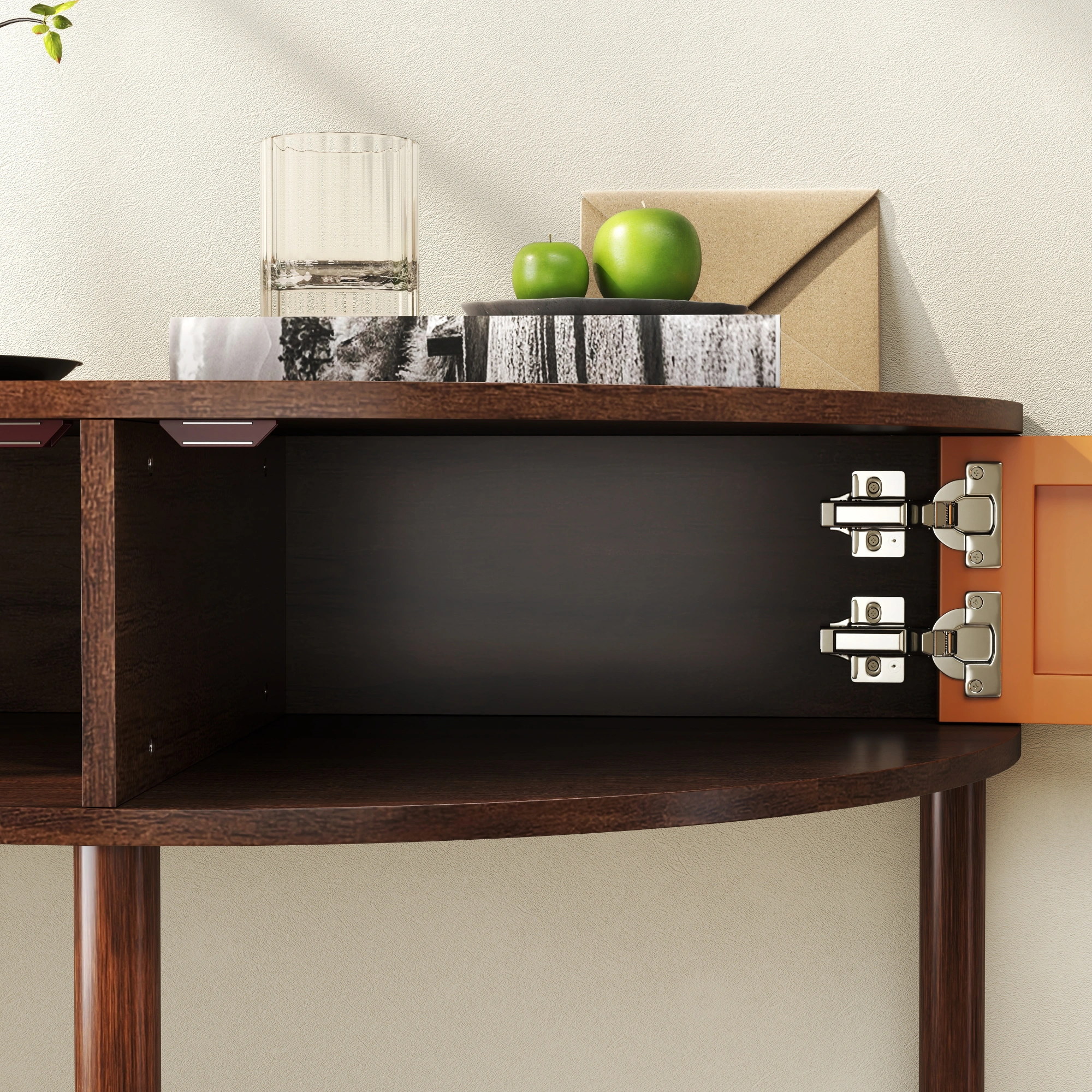 Demi Lune Console Table, Wave Pattern Half Moon End Table with 2 Drawers & Bottom Shelf, Brown Woodgrain Entryway Table for Living Room Bedroom Hallway view 7