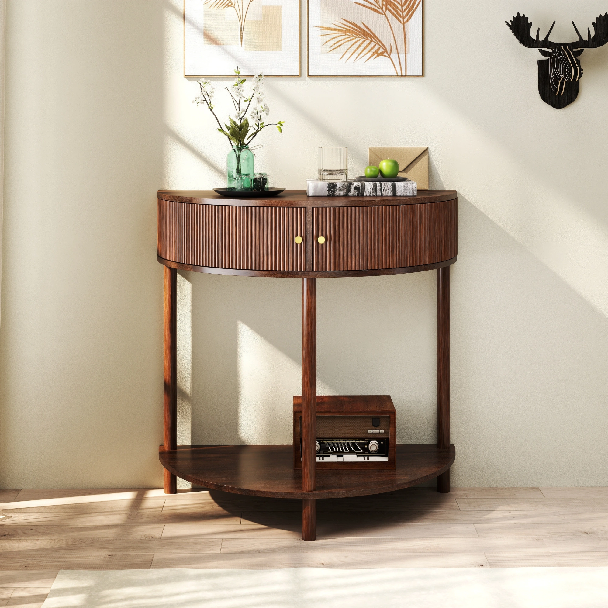 Demi Lune Console Table, Wave Pattern Half Moon End Table with 2 Drawers & Bottom Shelf, Brown Woodgrain Entryway Table for Living Room Bedroom Hallway view 8