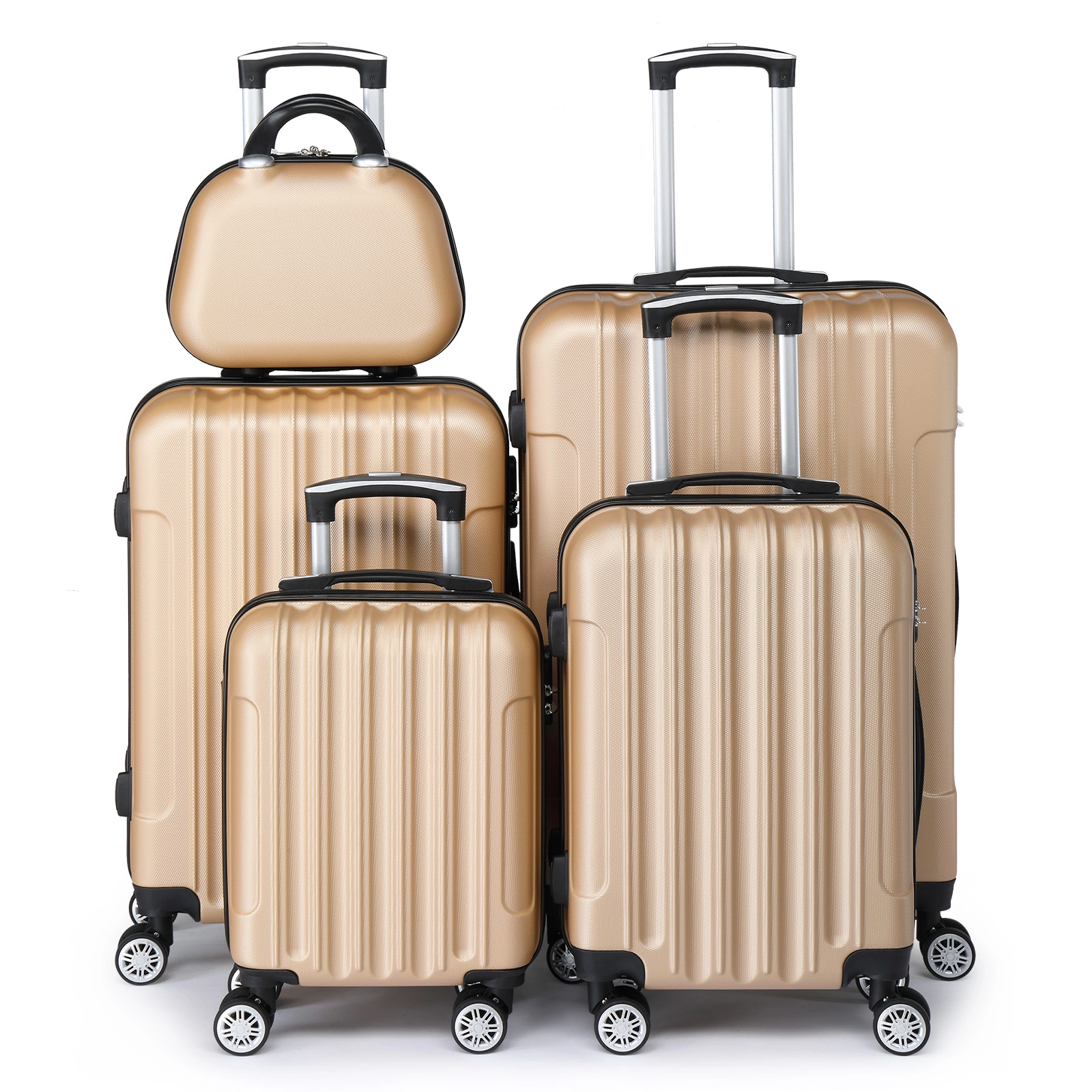 5 Piece ABS Hard Shell Suitcase Set with Vanity Case, Travel Luggage Set with Cosmetic Bag - Champagne Gold
